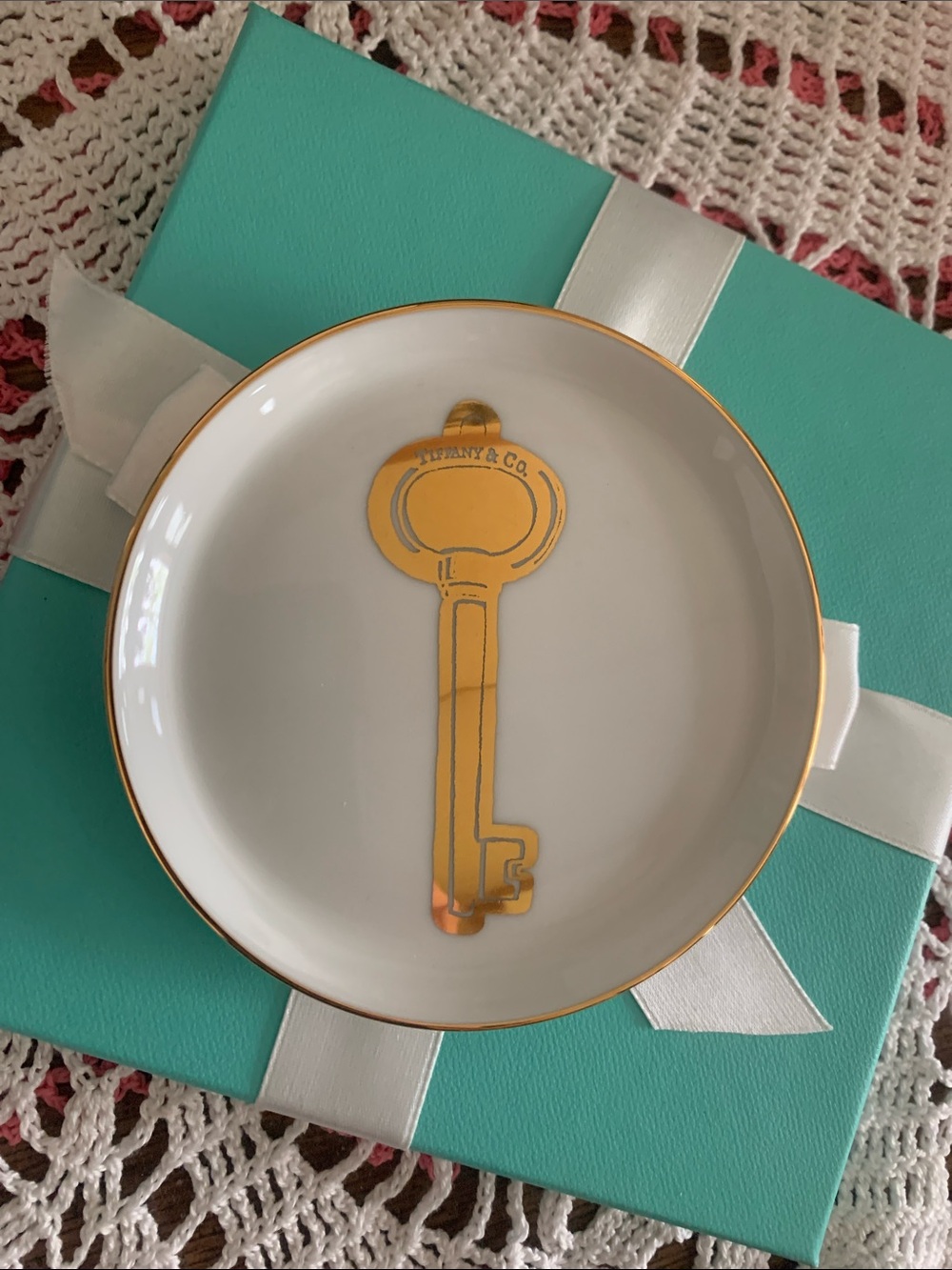 Tiffany & Co. White and Gold Key Trinket Tray rare htf tco